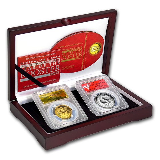 2017 2-Pc 1 oz Gold & Silver High Relief Rooster Set PR-70 PCGS 2017 2-Pc 1 oz Gold & Silver High Relief Rooster Set PR-70 PCGS
